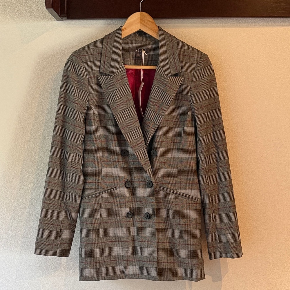 🆕 Level 99 Double-Breasted Blazer, Grey Fuchsia Plaid, Size S